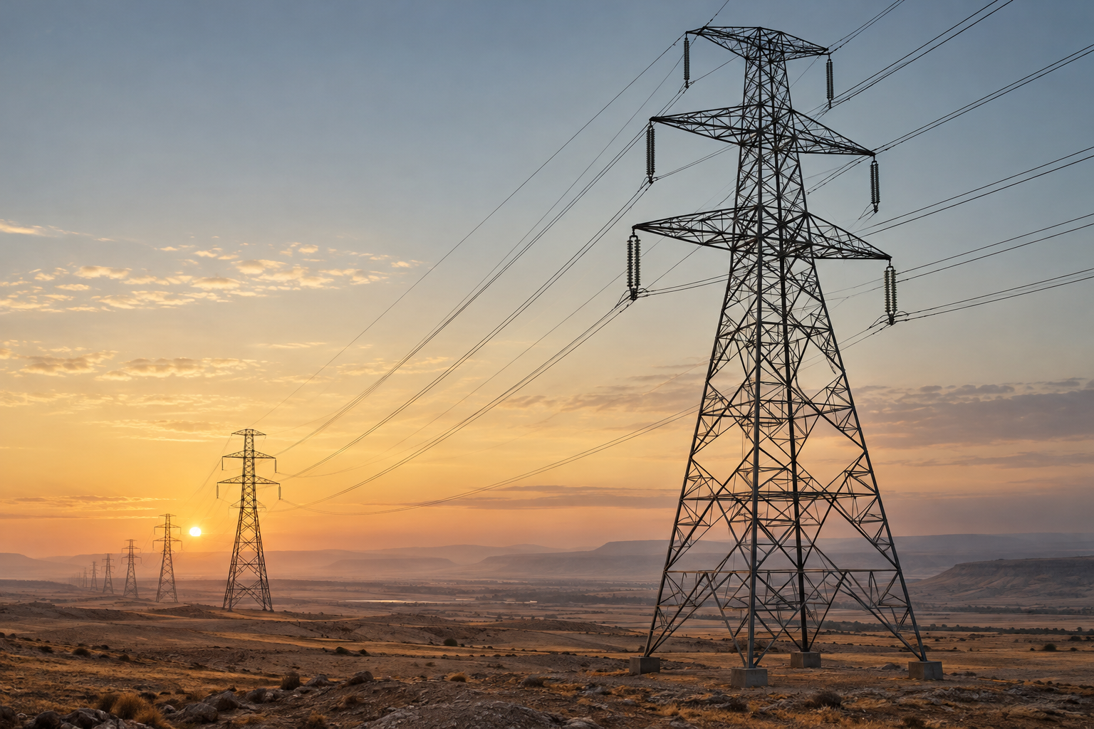 Illustrative transmission towers stretching across a sunlit plain